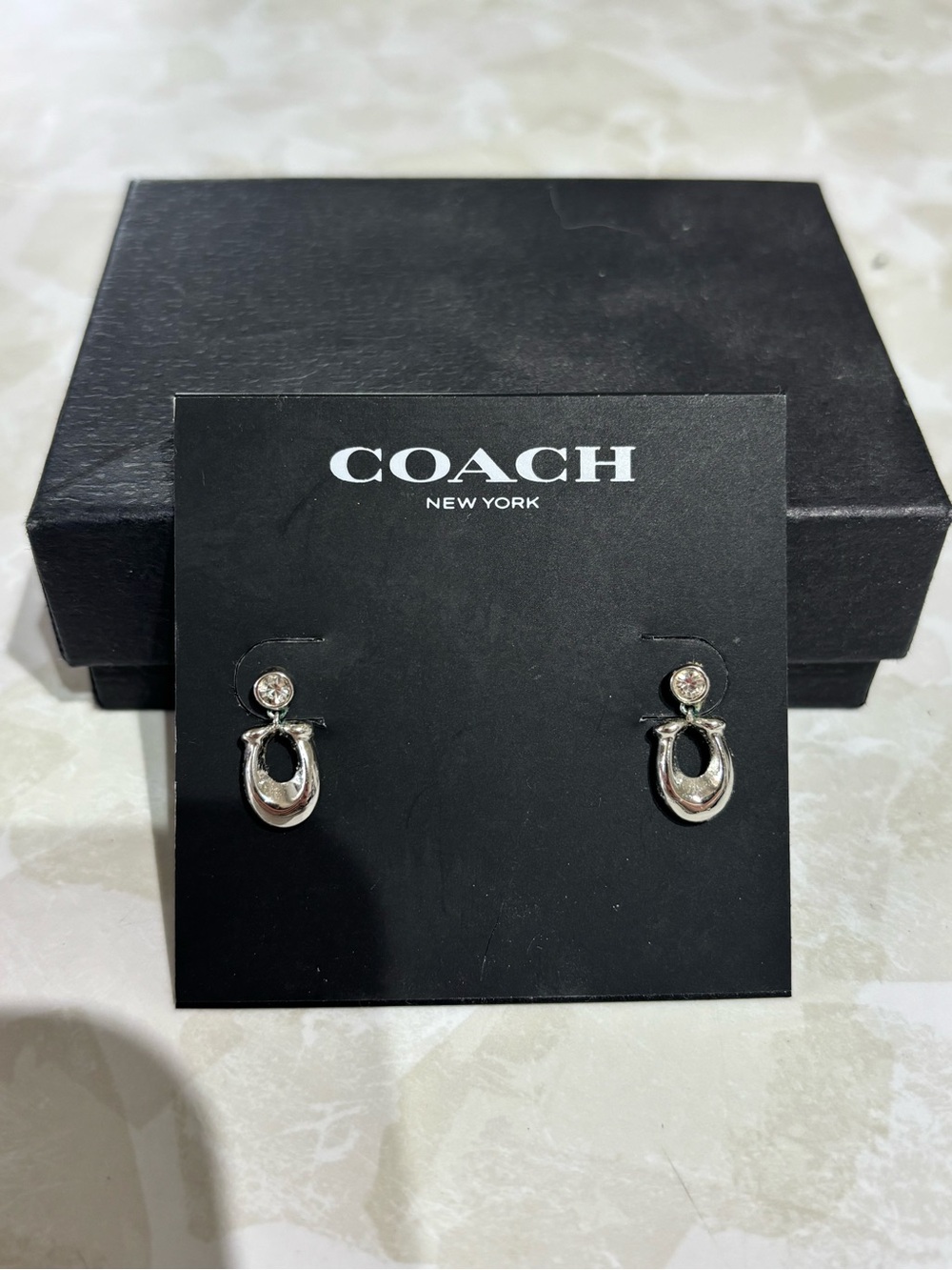 Coach Silver Tone Horseshoe Dangle Earrings with Crystal Studs